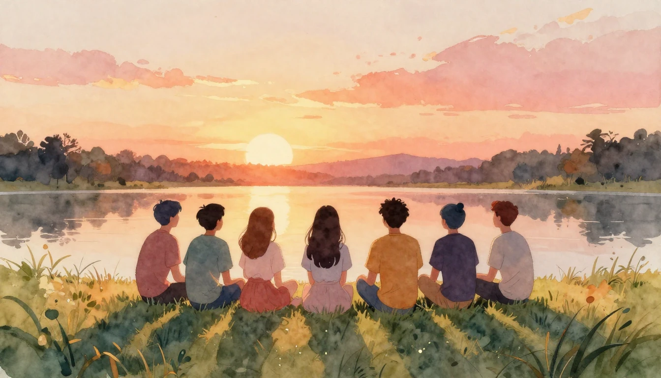 A beautiful watercolor painting depicting a group of diverse...