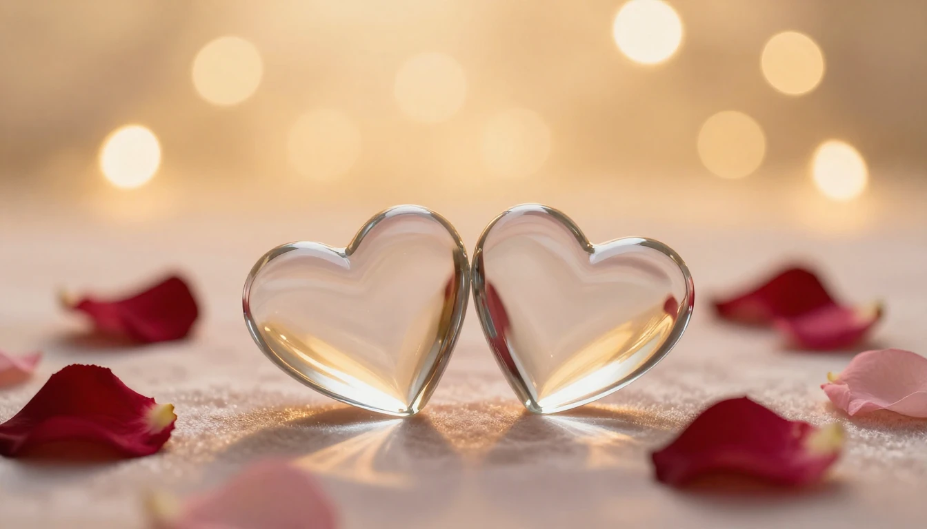 A serene and romantic scene featuring two elegant glass hear...