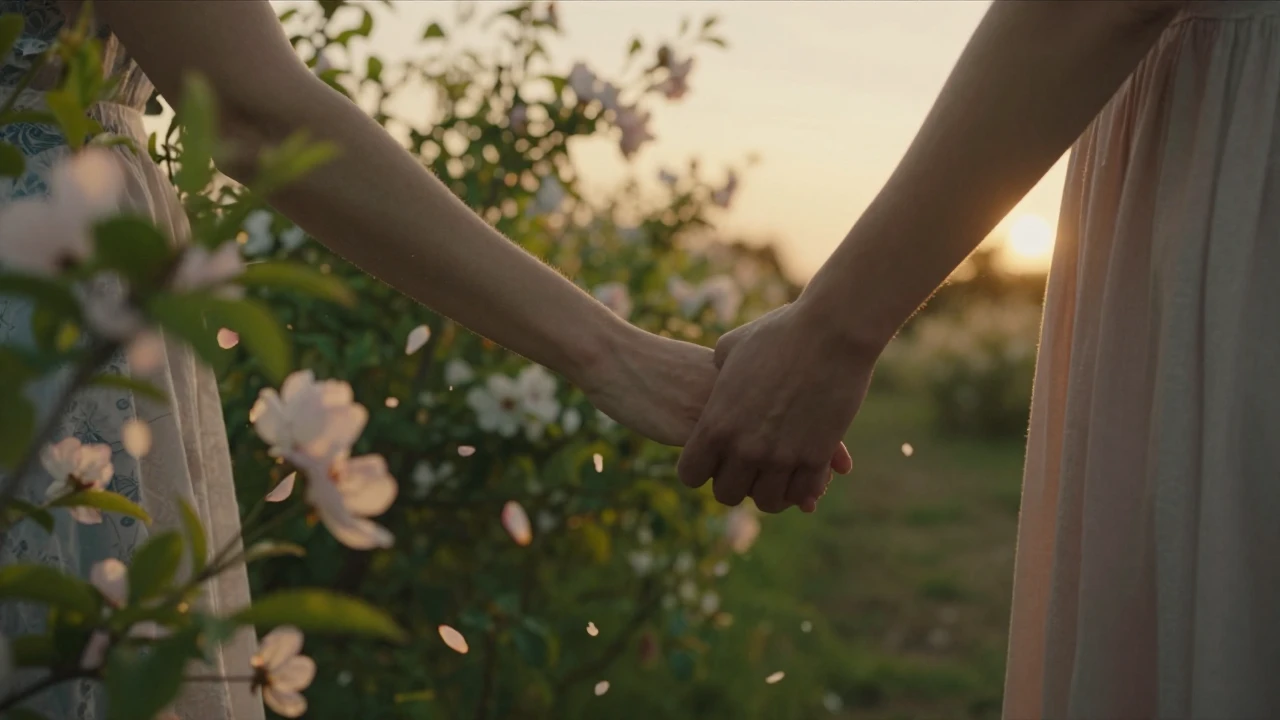 A warm and romantic scene of a loving couple holding hands g...