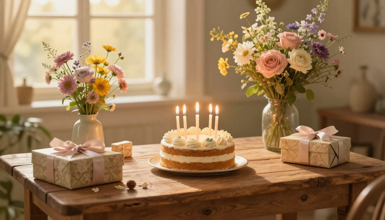 A heartwarming birthday celebration scene featuring a rustic...