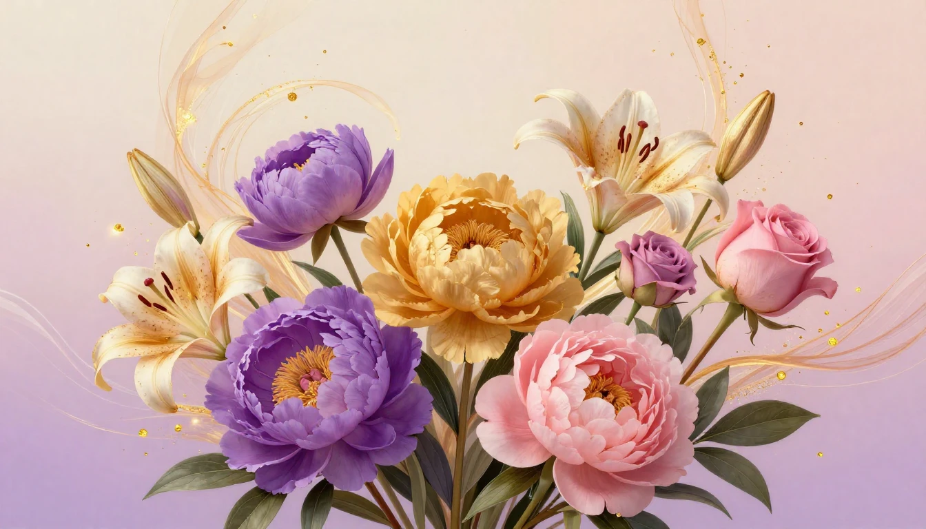 A vibrant and artistic composition featuring a variety of bl...