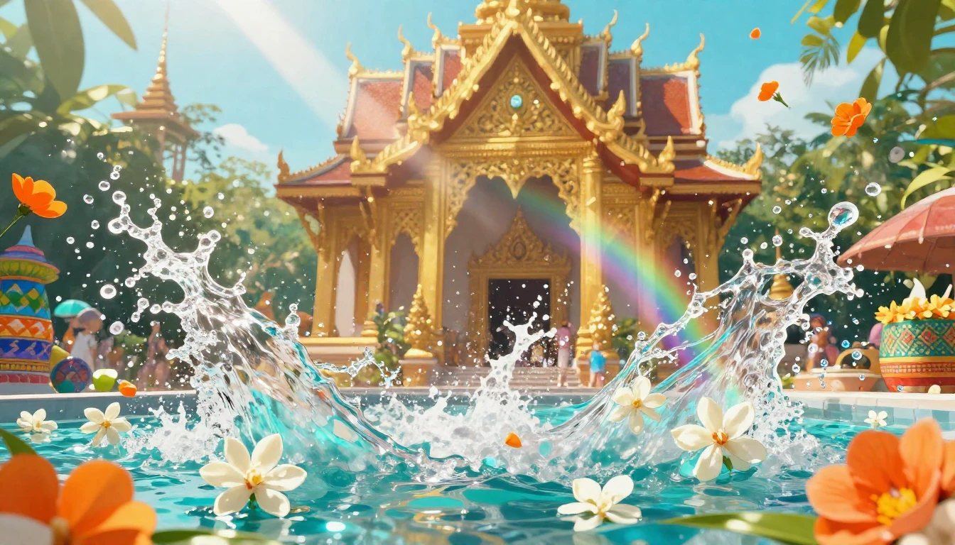 A vibrant digital painting of a joyful water festival. Shimm...