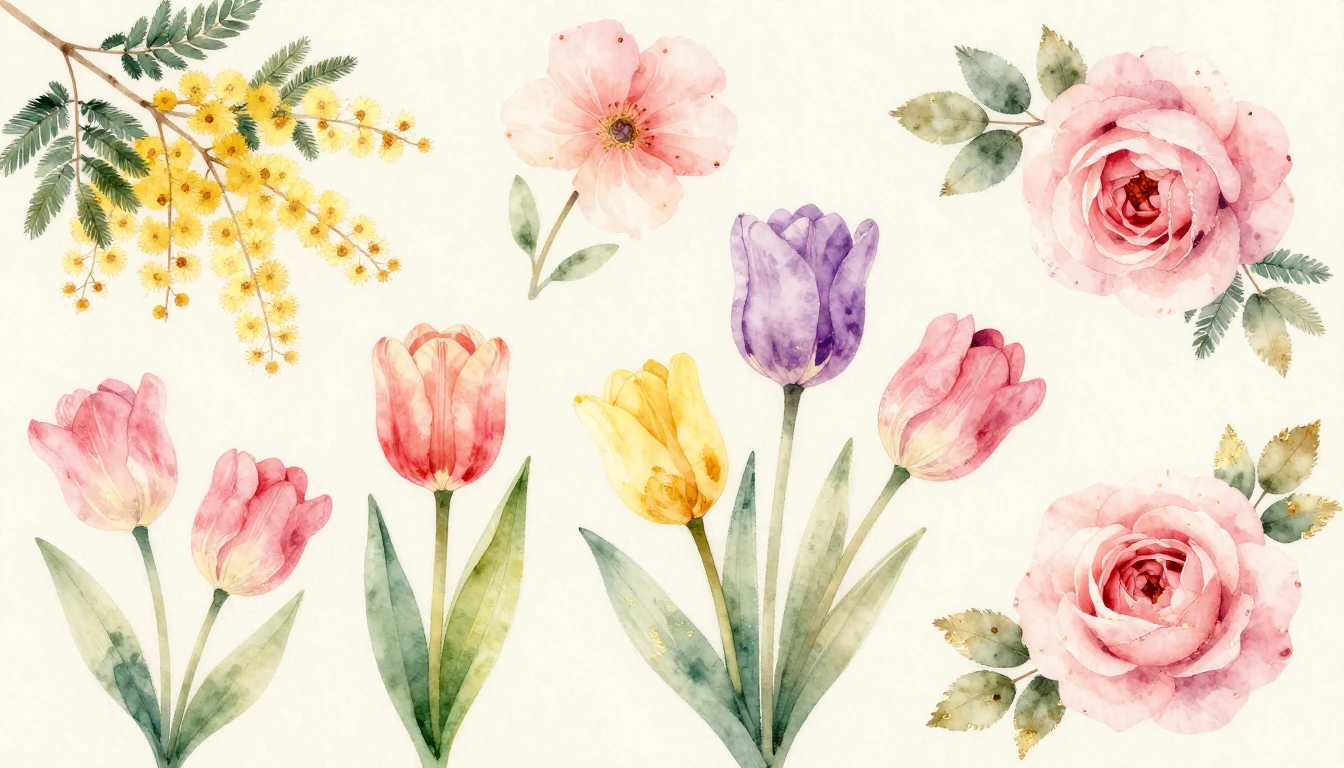 A beautiful watercolor painting of various blooming flowers ...