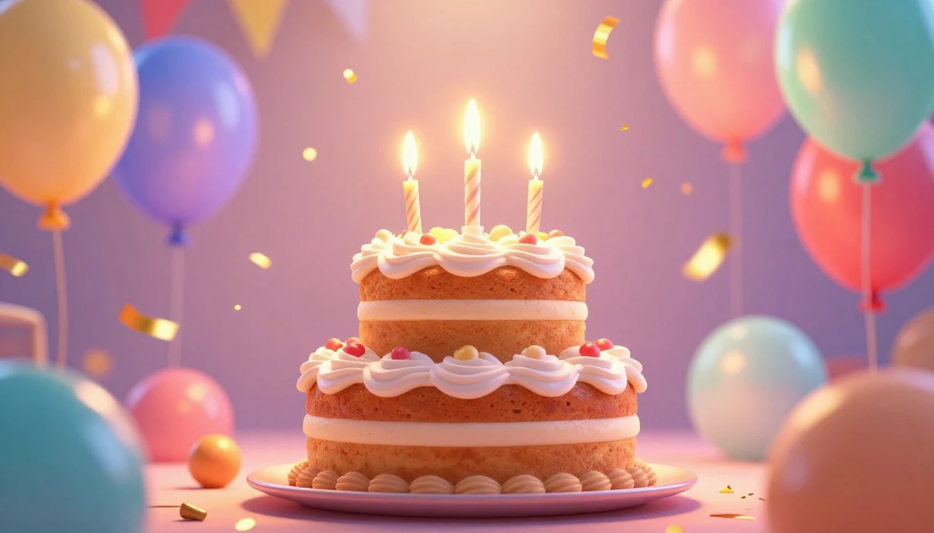 A festive birthday atmosphere in a vibrant 3D animation styl...