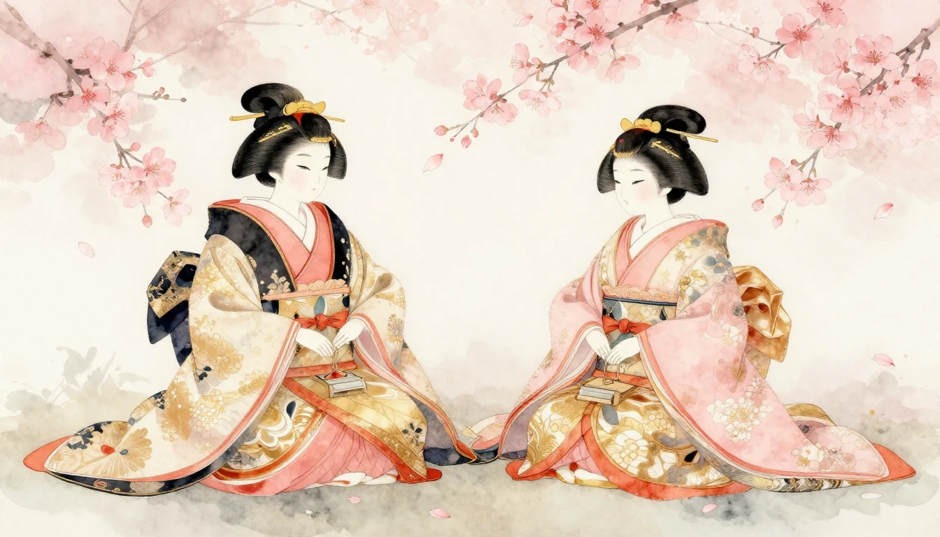 A delicate watercolor painting of traditional Japanese Hina ...
