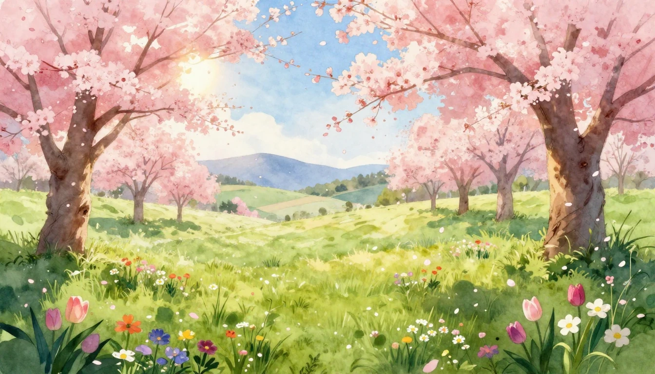 A breathtaking watercolor painting of a lush meadow at dawn ...