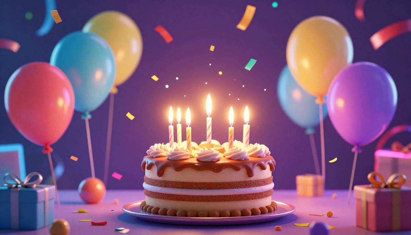 A vibrant and festive birthday celebration scene, a deliciou...