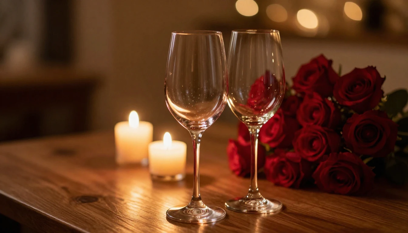 A close-up shot of two elegant wine glasses on a wooden tabl...