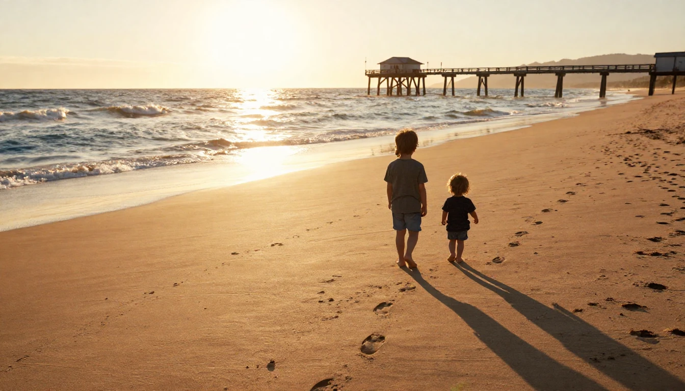 An evocative scene of two sets of footprints on a sun-drench...