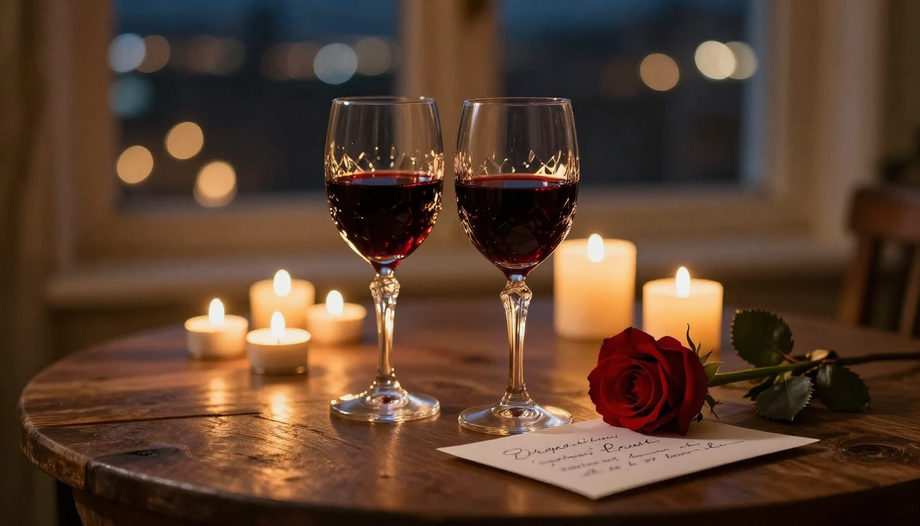 A close-up, intimate composition of a romantic evening setti...