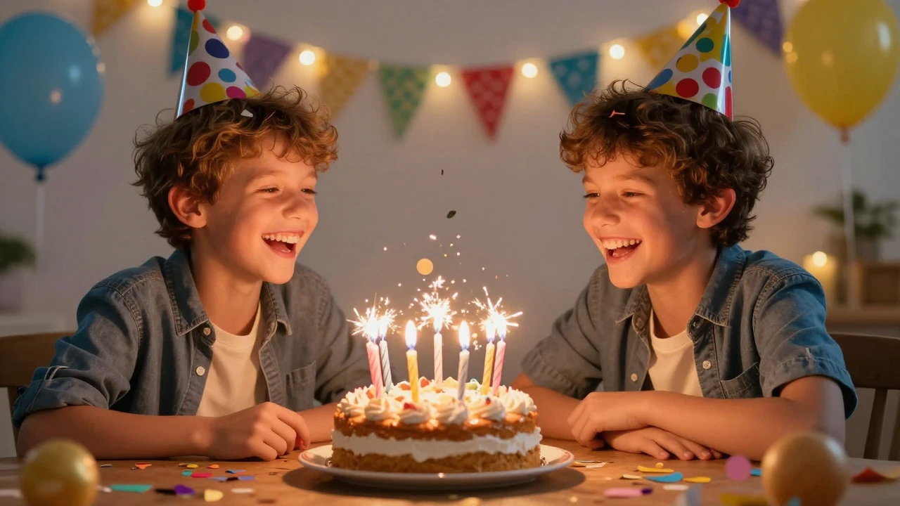 A warm and cheerful celebration scene with two brothers laug...