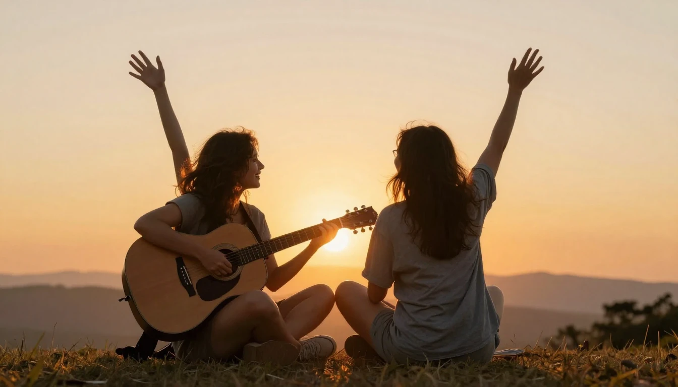 Two friends sitting on a hill watching a beautiful sunset, h...