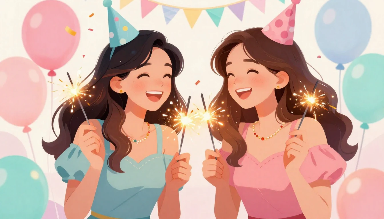 A vibrant and festive illustration of two young women laughi...