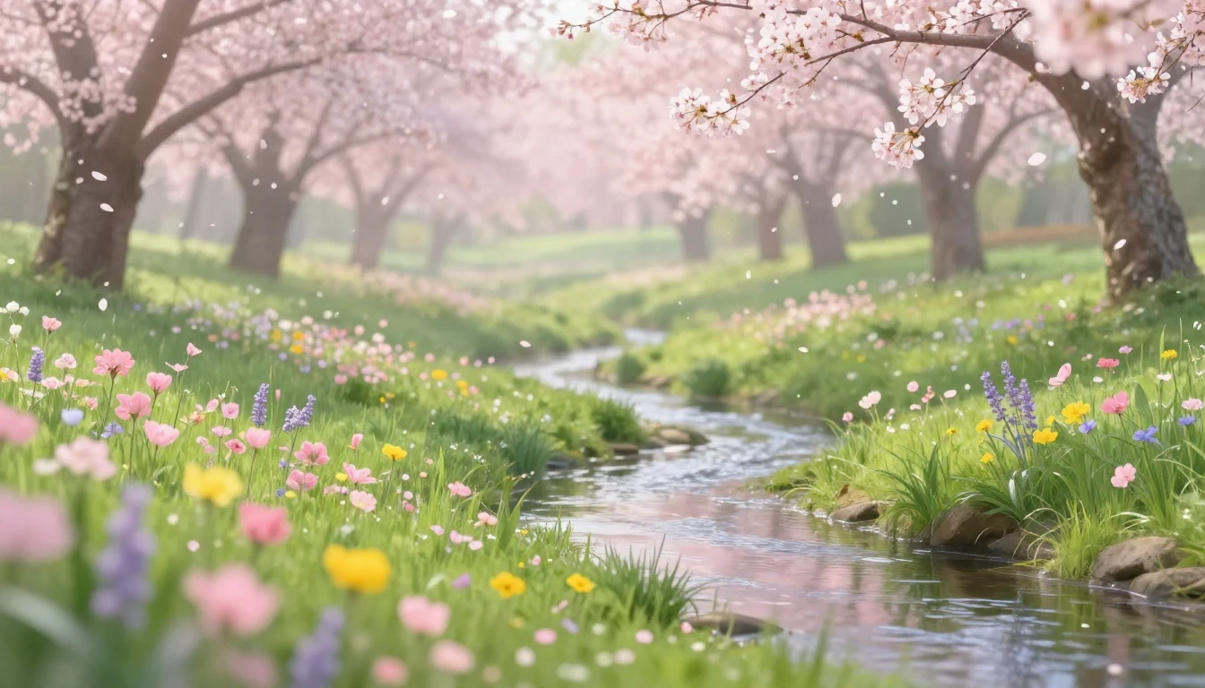 A serene spring landscape featuring a lush green meadow fill...