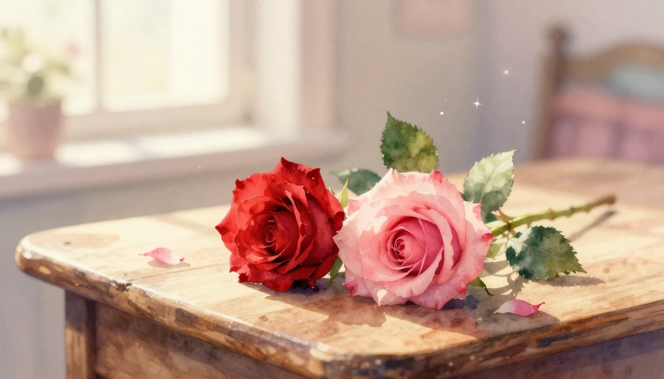 A delicate watercolor painting of two intertwined red and pi...