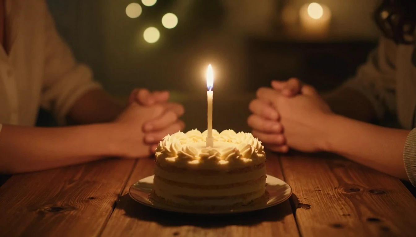 A close-up, cinematic shot of a small, elegant birthday cake...