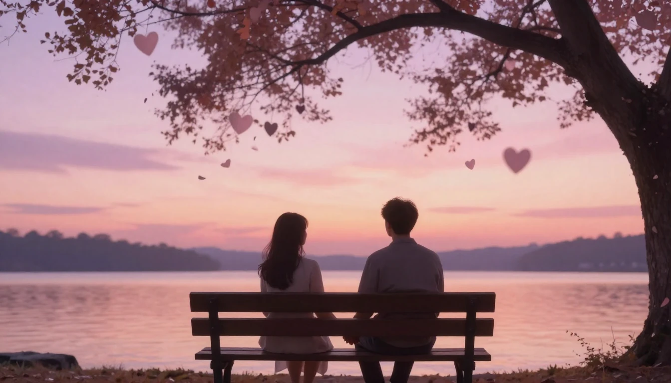 A romantic and soft composition featuring two silhouettes ho...