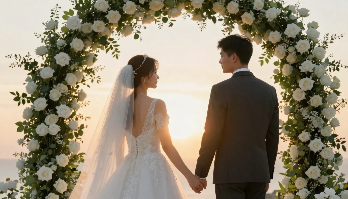A romantic and elegant wedding scene featuring a bride and g...
