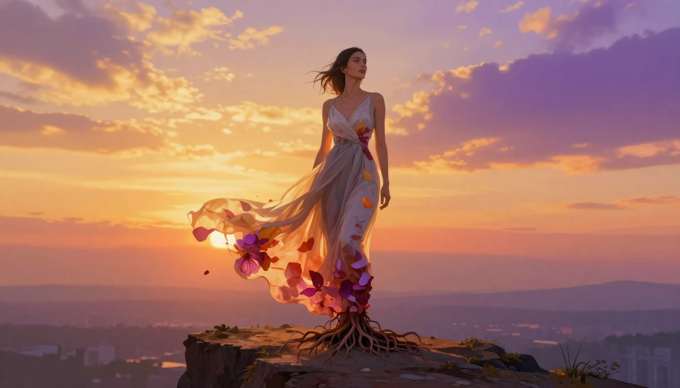 A majestic and artistic illustration of a woman standing con...