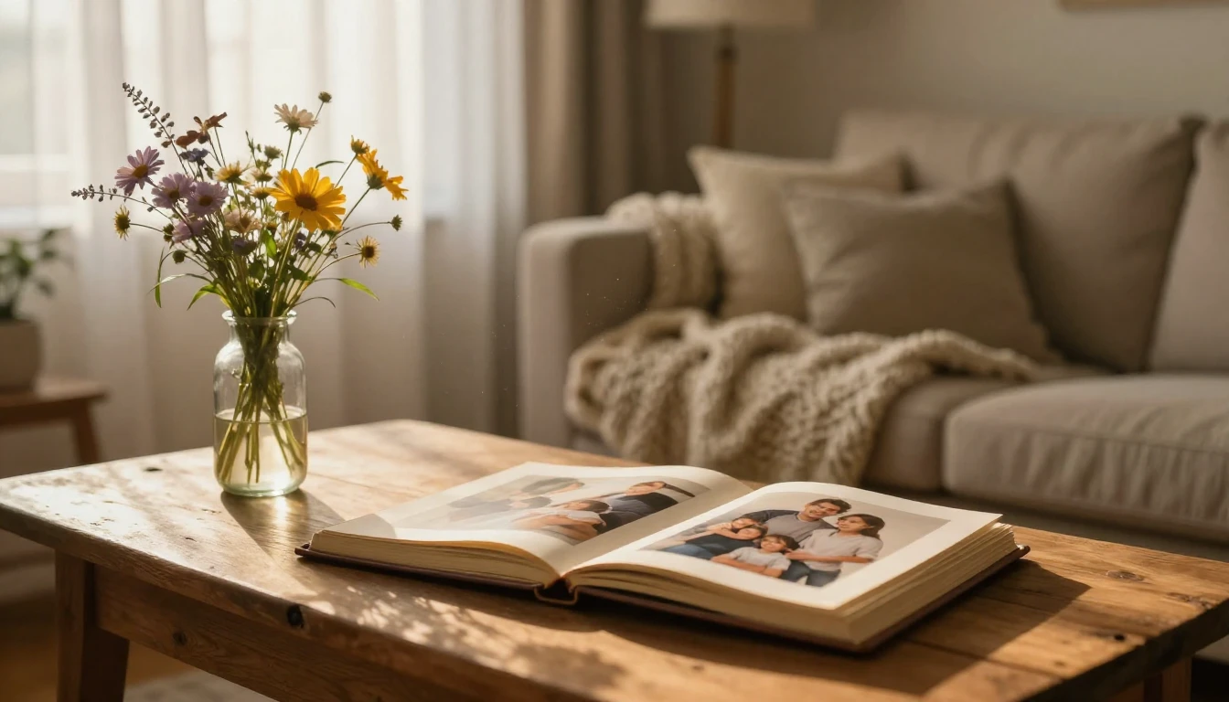 A warm, cinematic close-up shot of a cozy living room scene ...