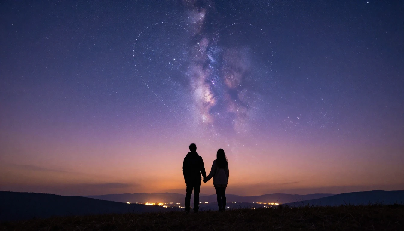 A cinematic wide shot of a silhouette of a couple holding ha...