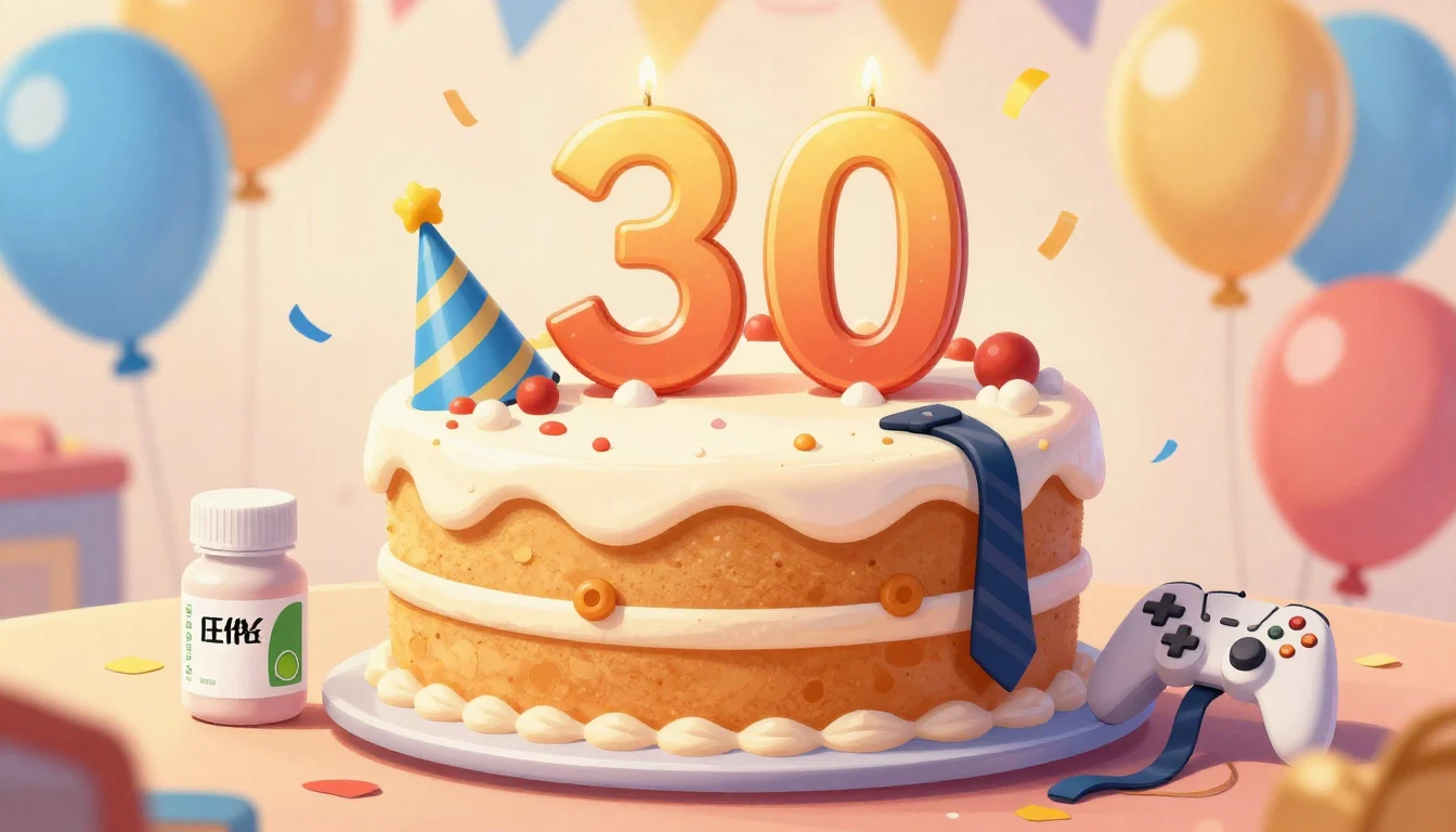 A humorous and colorful birthday illustration featuring a bi...