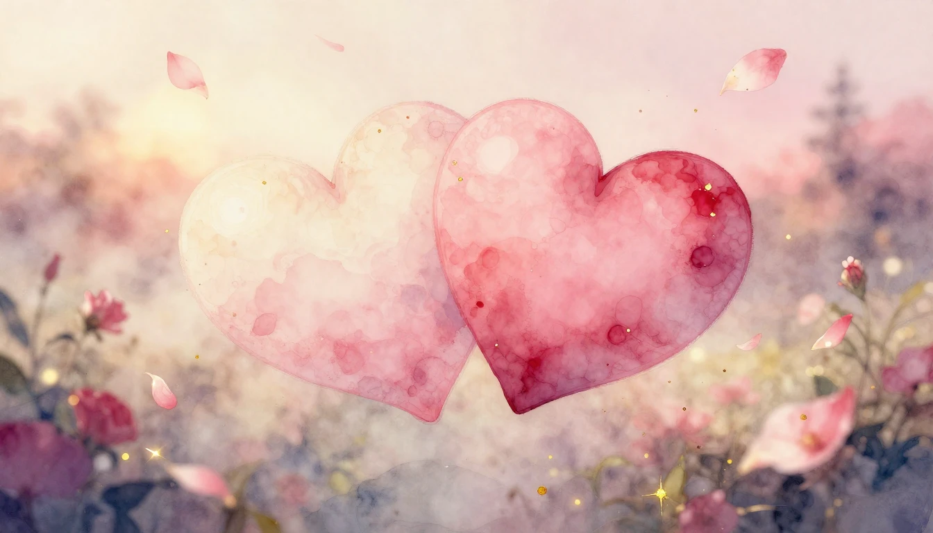 A delicate watercolor painting of two intertwined hearts flo...