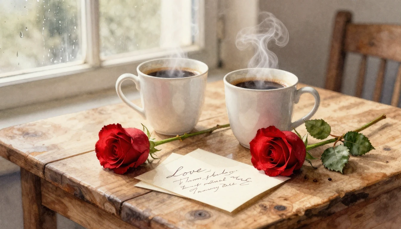 A romantic and intimate scene depicted in soft watercolor st...