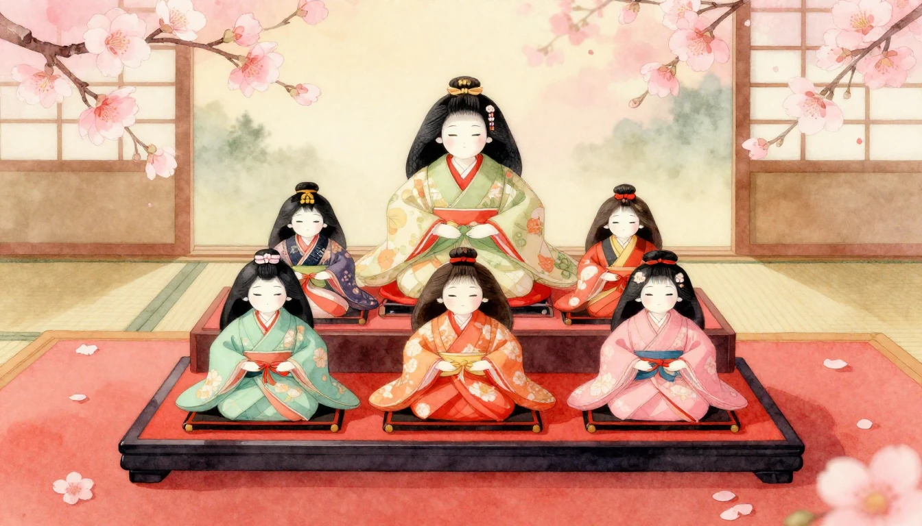 A beautiful watercolor illustration of traditional Hina doll...