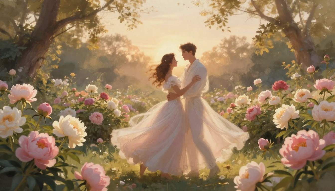 A dreamlike scene of two silhouettes dancing in a lush garde...