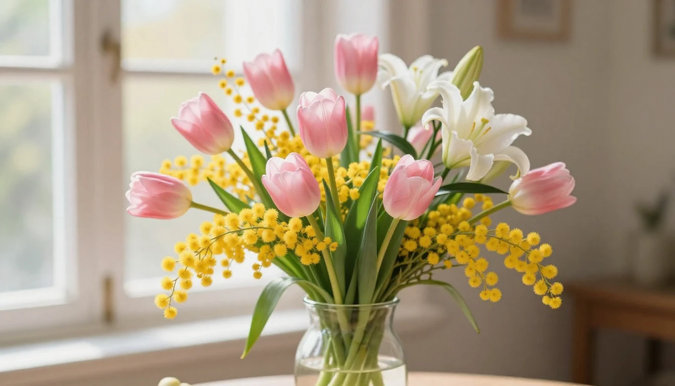 A beautiful and vibrant bouquet of spring flowers, including...