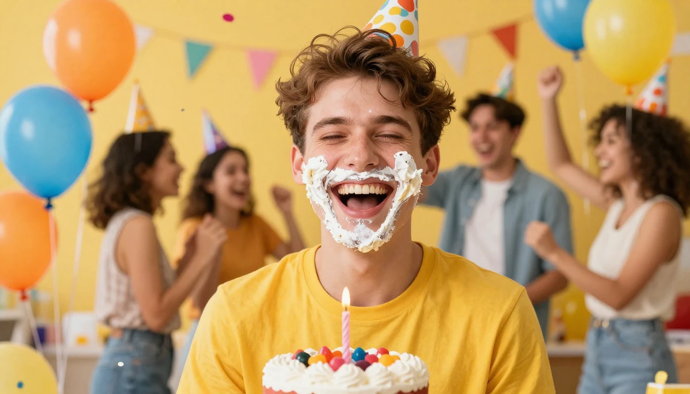 A vibrant and funny birthday party scene, a caricature of a ...