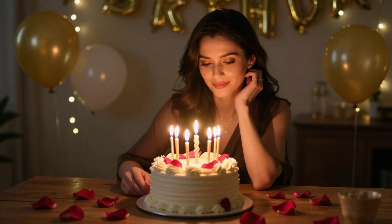 A romantic and elegant scene celebrating a wife's birthday. ...