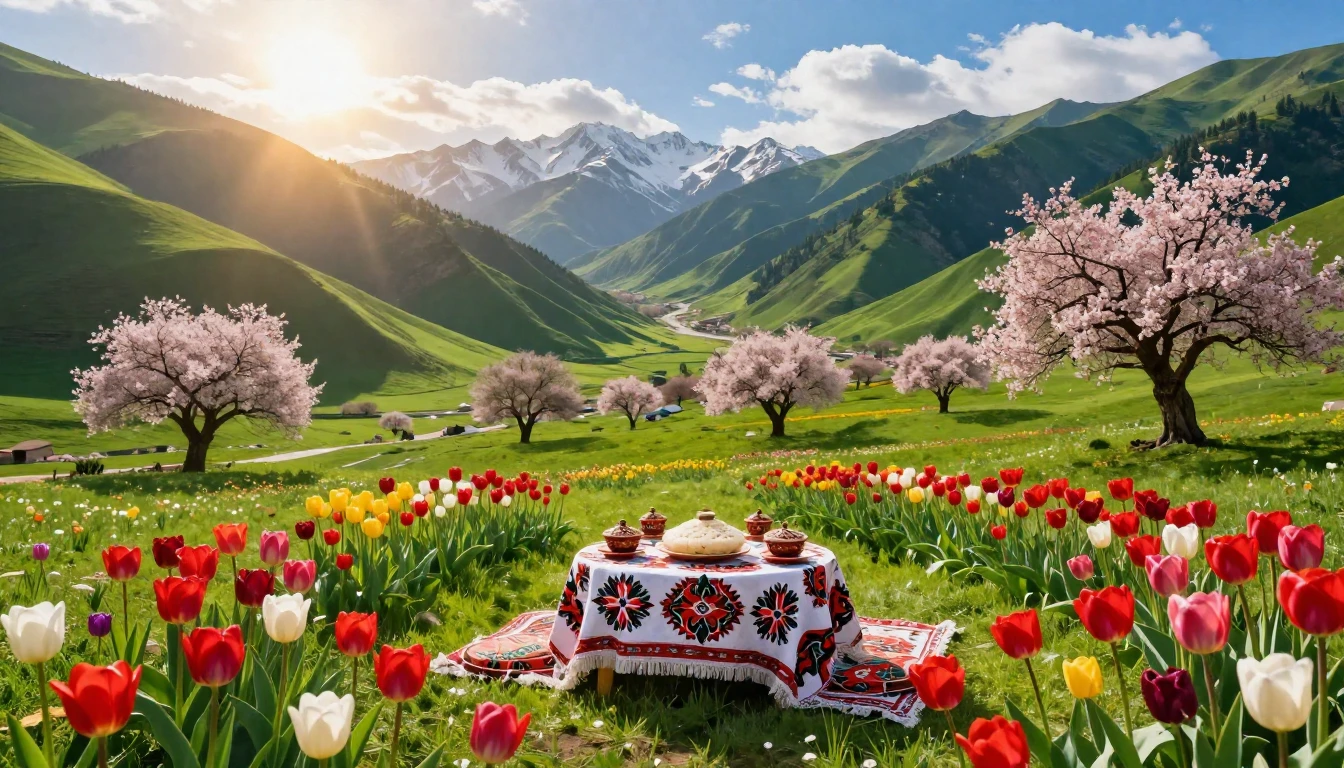 A vibrant landscape of Central Asian mountains during spring...