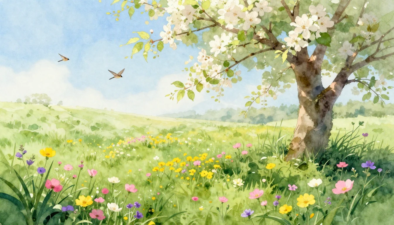 A vibrant watercolor painting of a lush green meadow filled ...