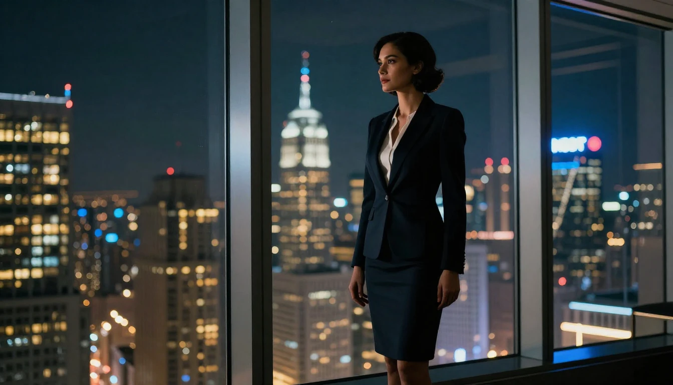 A cinematic shot of a confident woman standing in a high-ris...
