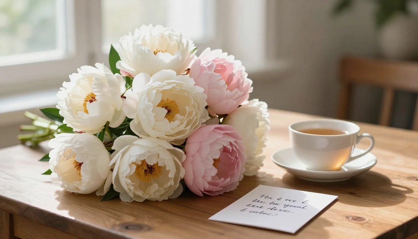 A warm and emotional scene showing a beautiful bouquet of wh...