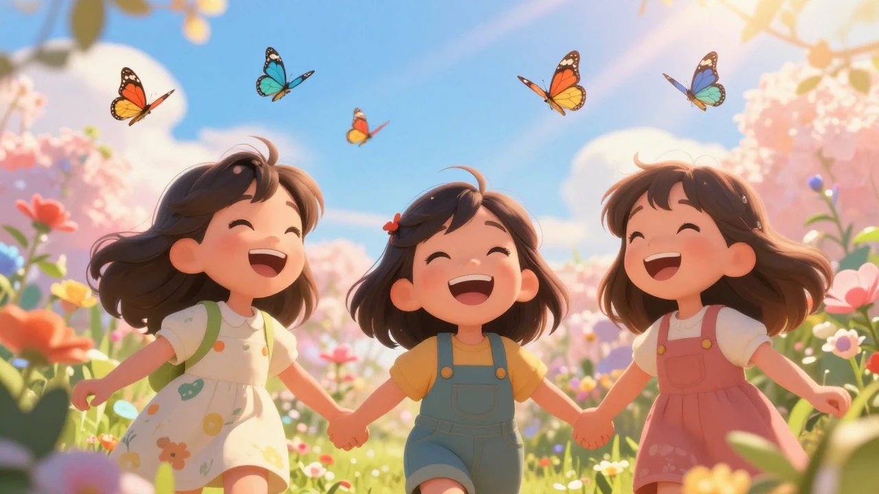 A warm and heartwarming illustration of cheerful young girls...
