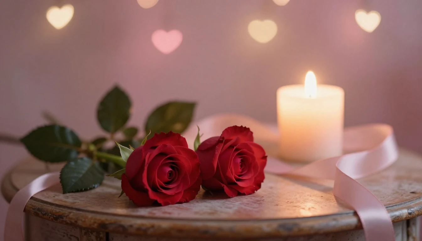 A soft and ethereal scene featuring two delicate red roses r...