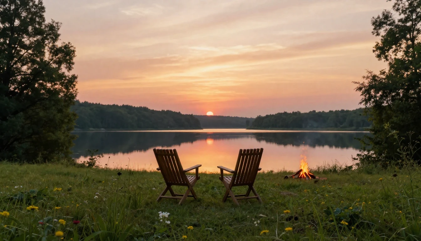 A serene landscape featuring two empty wooden chairs on a gr...