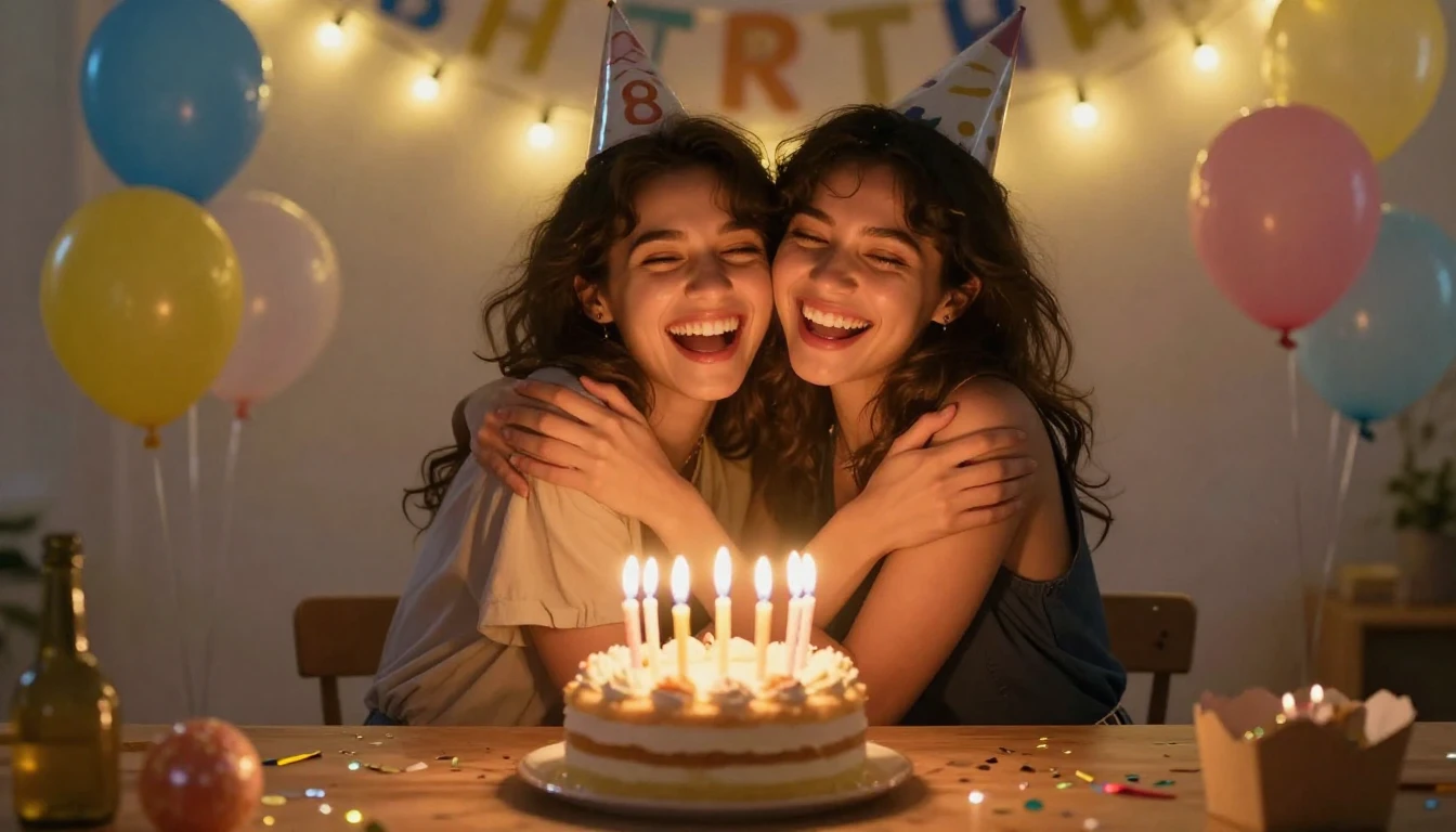 A joyful birthday celebration scene, two best friends laughi...