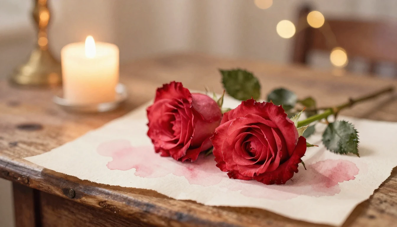 A beautiful watercolor painting of two delicate red roses re...