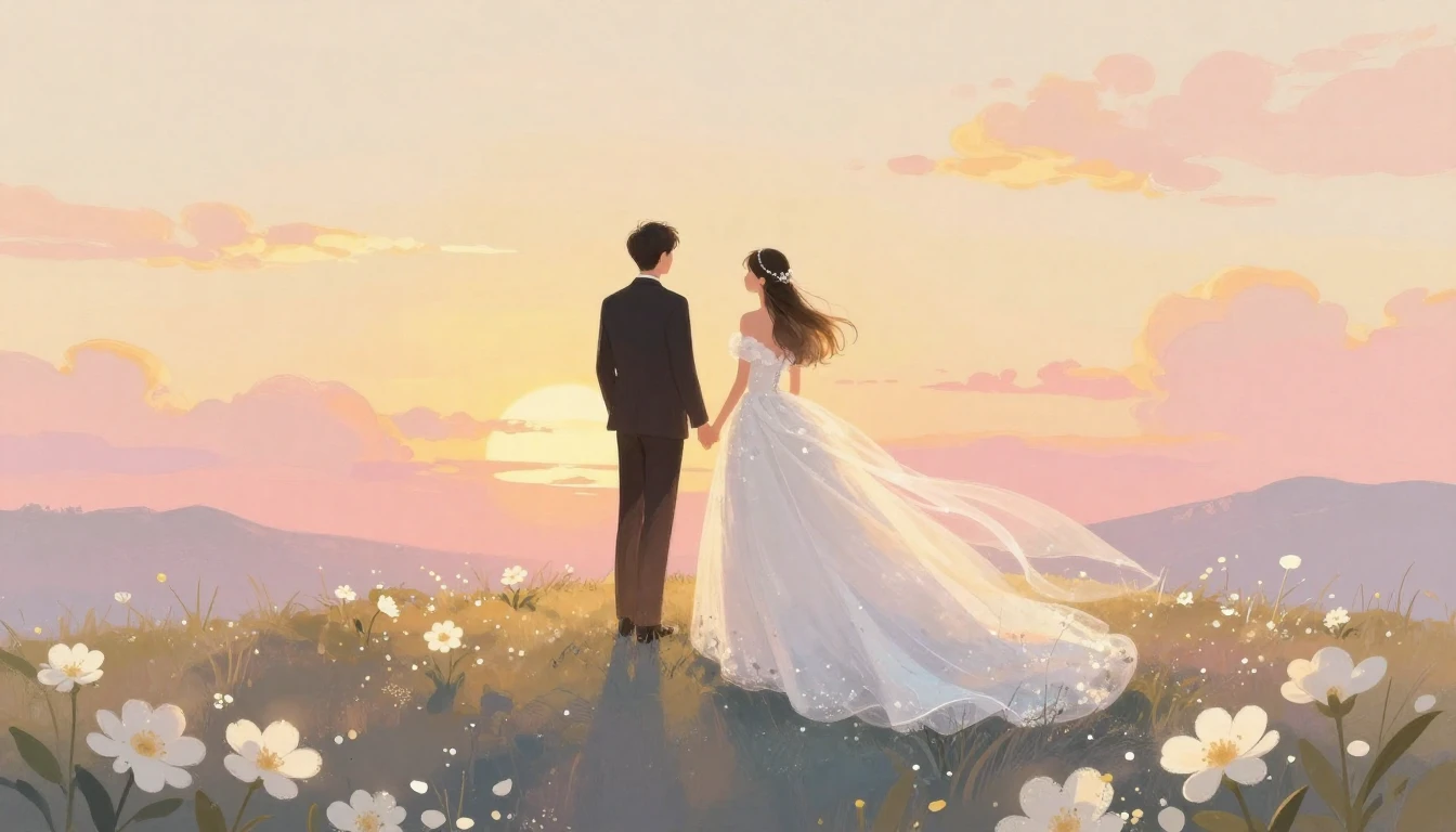 A romantic and dreamy illustration of a bride and groom stan...