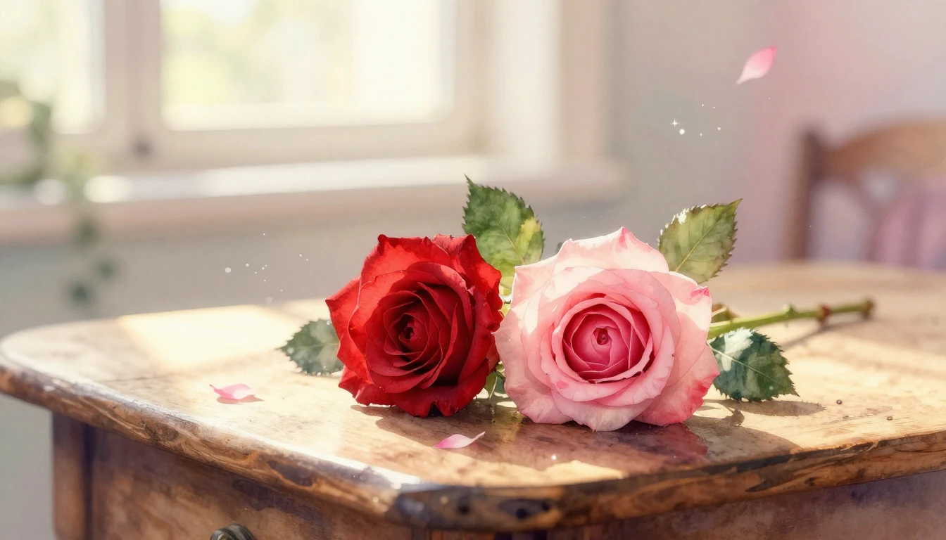 A delicate watercolor painting of two intertwined red and pi...