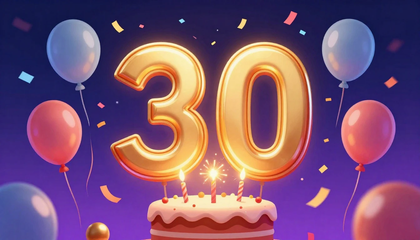 A vibrant digital art illustration celebrating a 30th birthd...