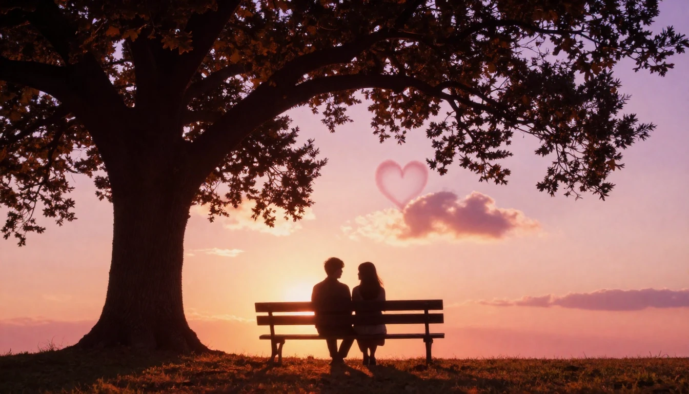 A romantic and dreamy scene featuring two silhouettes sittin...