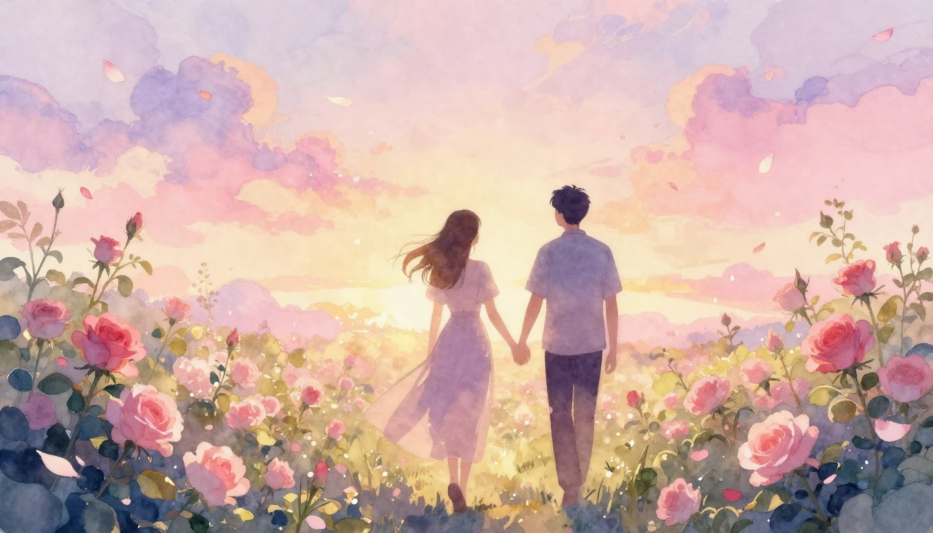 A dreamy watercolor illustration of two silhouettes walking ...