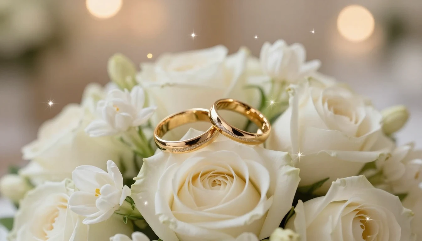 Close-up of two elegant golden wedding rings resting on a bo...