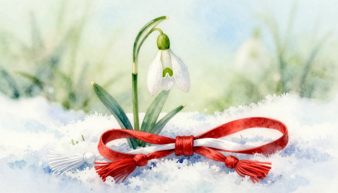 A delicate watercolor painting of a snowdrop flower emerging...
