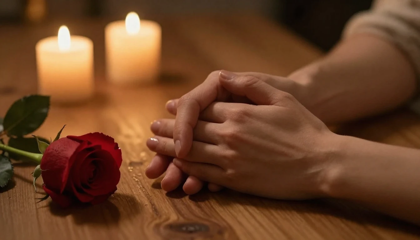 A romantic and intimate close-up scene of two hands holding ...